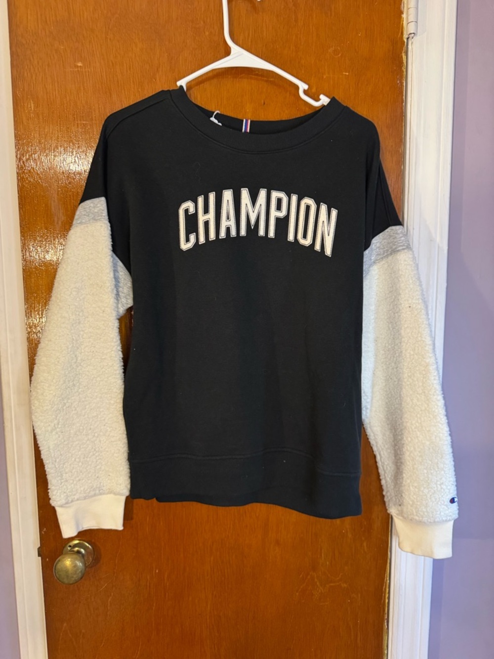 Champion Black Crewneck with White Sherpa Sleeves